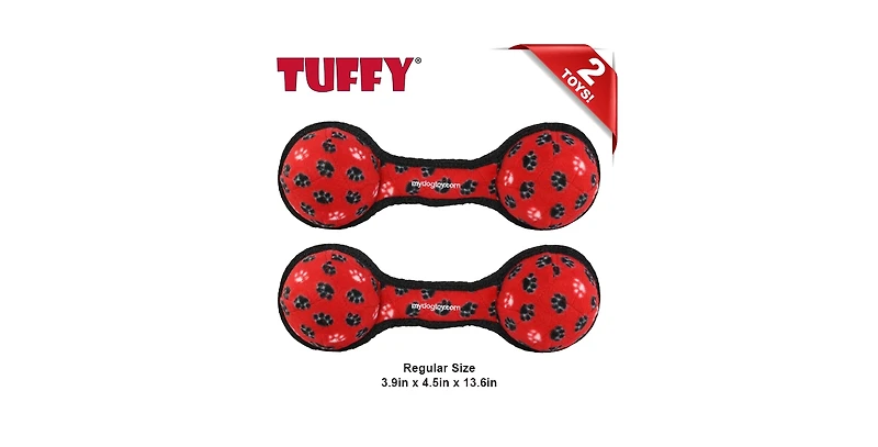 Tuffy Ultimate 2 Ball Tug Red Paw, 2 Pack Durable Squeaky Dog Toy