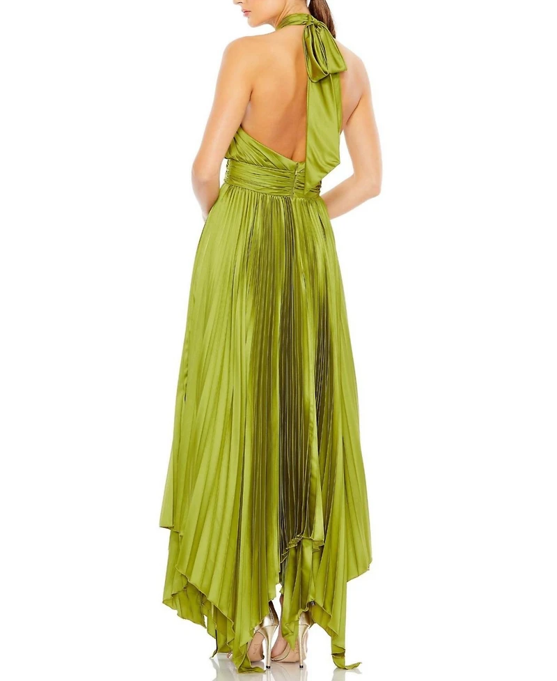 Mac Duggal Women's Pleated Halter Neck Asymmetrical Hem Gown