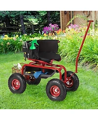 Rolling Garden Cart with Height Adjustable Swivel Seat and Storage Basket
