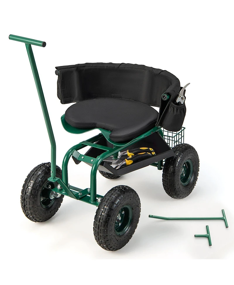 Rolling Garden Cart with Height Adjustable Swivel Seat and Storage Basket