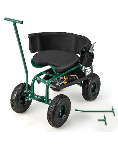 Rolling Garden Cart with Height Adjustable Swivel Seat and Storage Basket