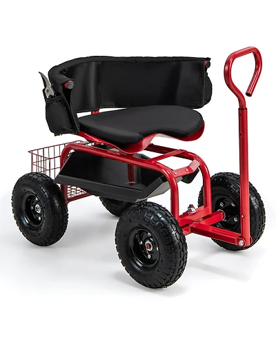 Cushioned Rolling Garden Cart Scooter with Storage Basket and Tool Pouch