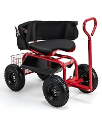 Cushioned Rolling Garden Cart Scooter with Storage Basket and Tool Pouch