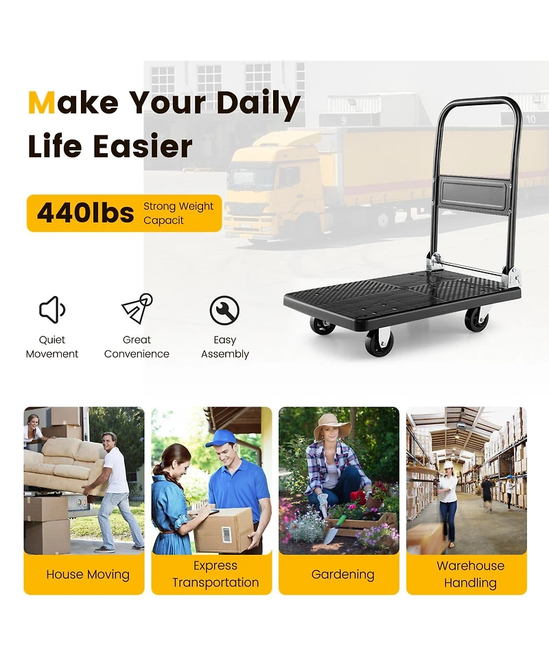 Folding Push Cart Dolly, Moving Platform Hand Truck w/ 360° Swivel Wheels, Spacious & Non-Slip Loading Area, Rolling Flatbed Cart for Loading & S