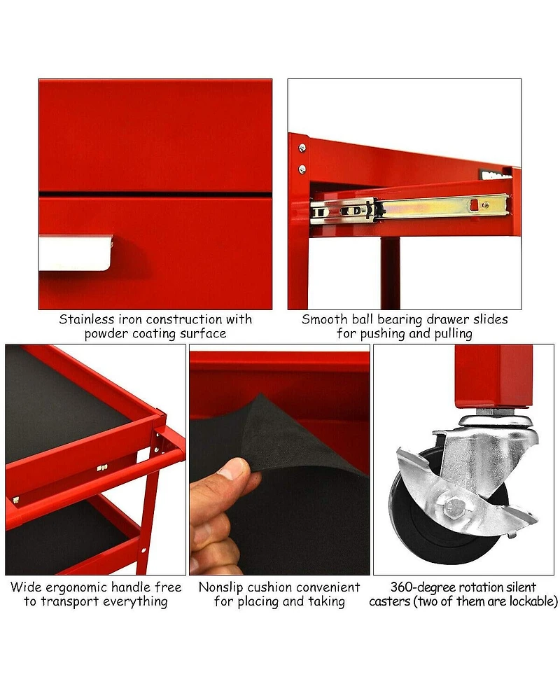 3-Tray Tool Cart with Drawer and 4 Universal Wheels