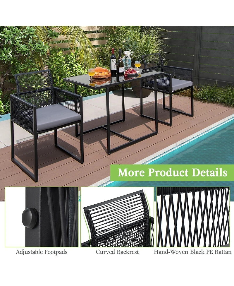 3PCS Patio Pe Wicker Furniture Set Cushioned Chairs with Folding Backrest Backyard