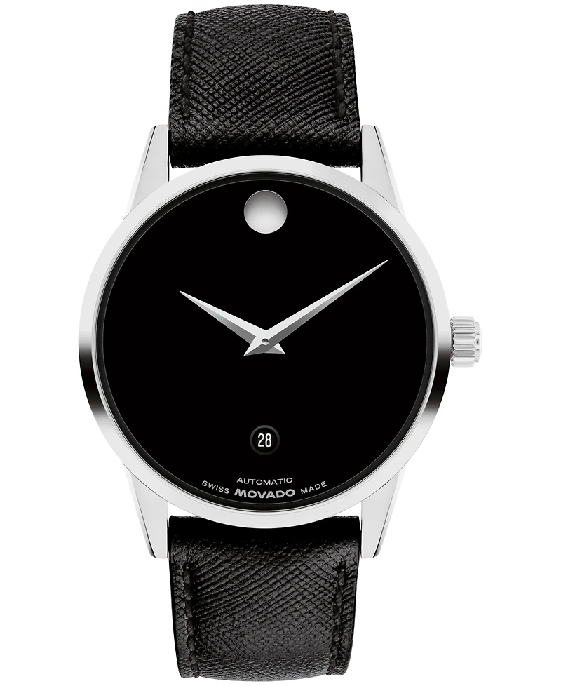 Movado Men's Museum Classic Swiss Automatic Black Leather Watch