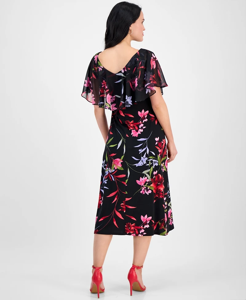 Connected Petite Printed Cape-Overlay Midi Dress