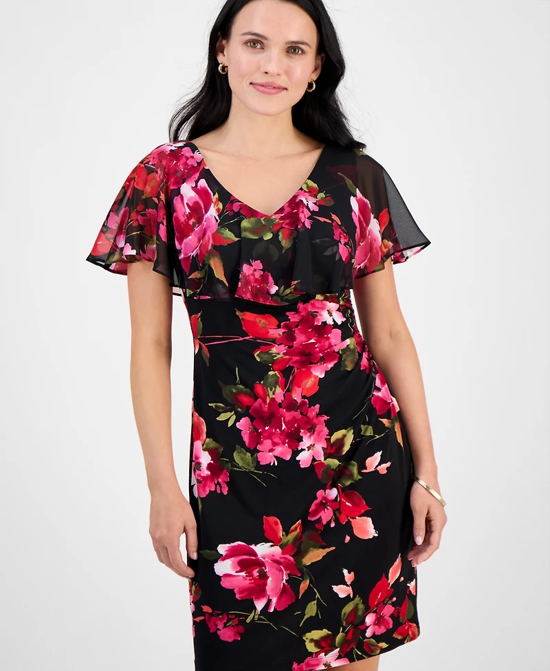 Connected Petite Printed Cape-Overlay Sheath Dress
