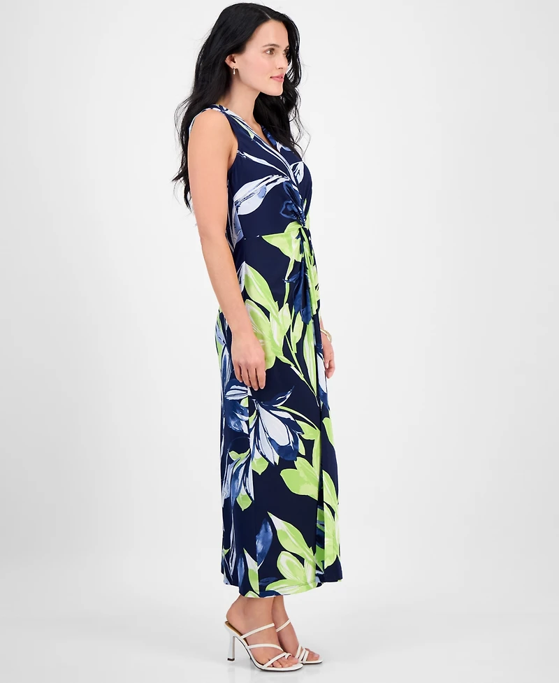 Connected Petite Twisted-Front Floral-Print Maxi Dress