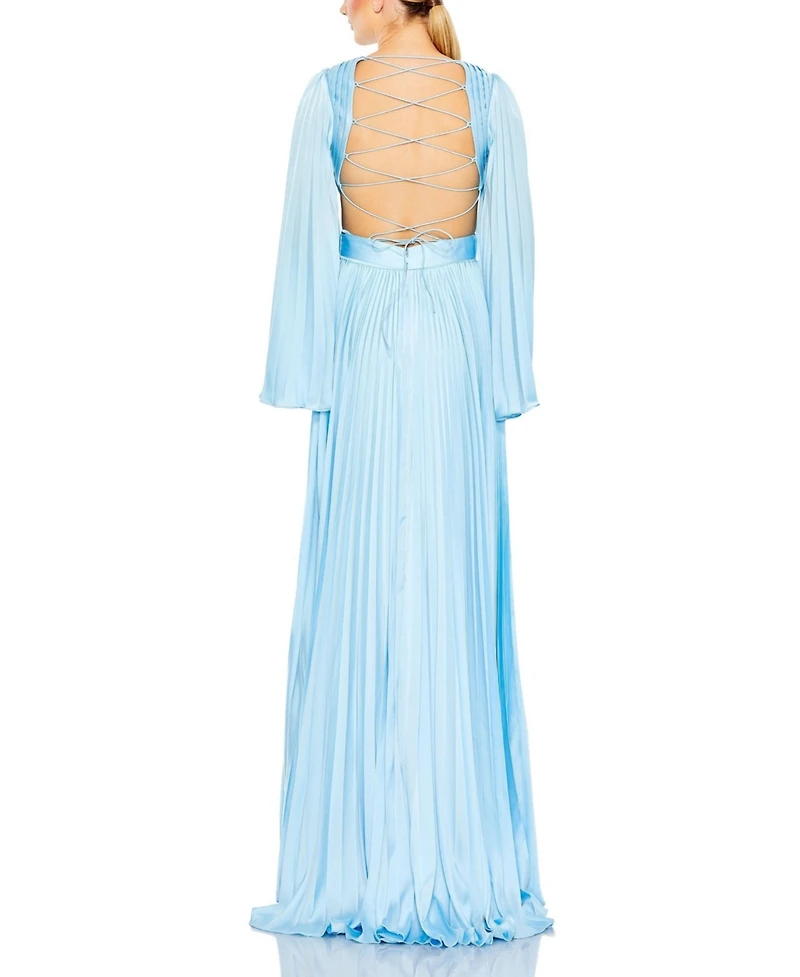 Mac Duggal Women's Long Sleeve Lace up Back Charmeuse Gown