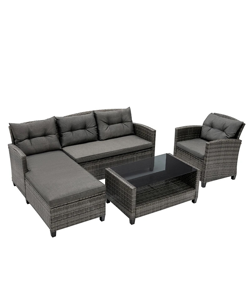 Gymax 4 Piece Rattan Outdoor Conversation Sectional Sofa Set Patio Furniture Set w/ Cushions