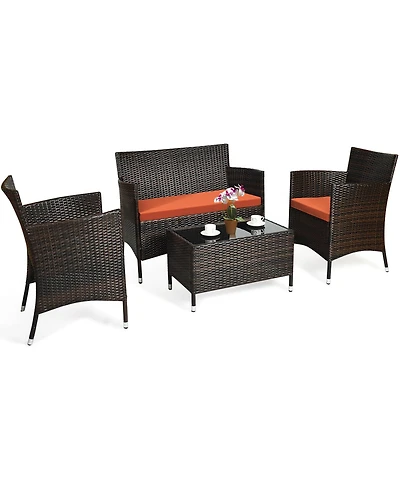 Gymax Set of Outdoor Patio Rattan Conversation Furniture Set w/ Cushion Table