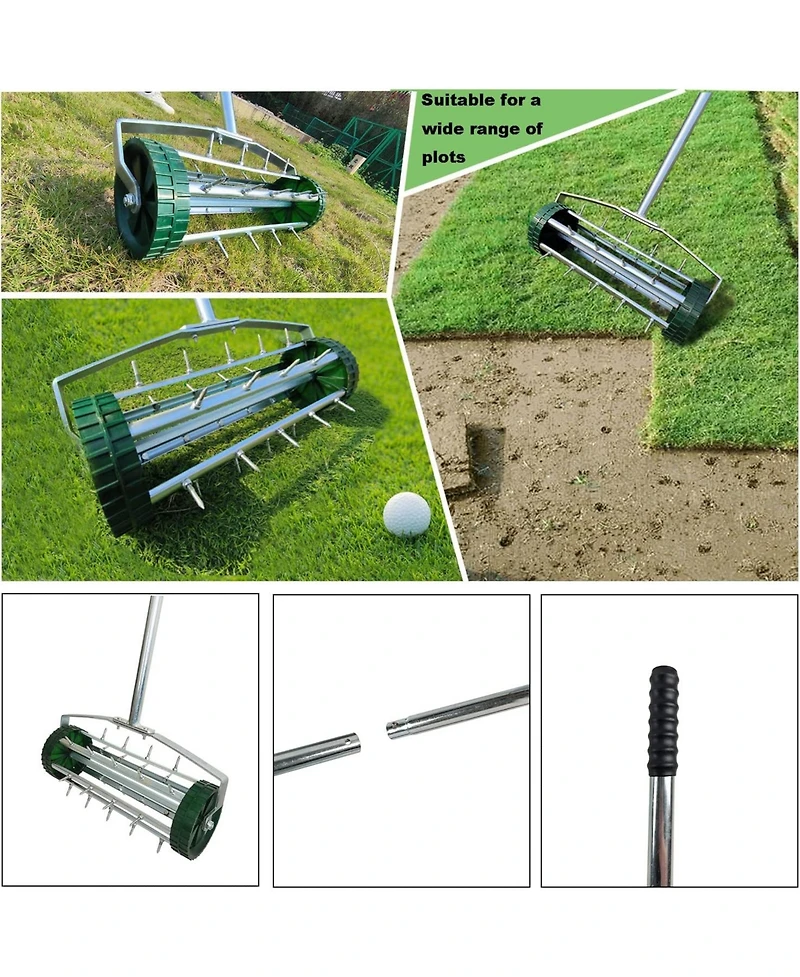 Heavy Duty Rolling Lawn Aerator,Rolling Lawn Aerator, Rotary Push Tine Spike Soil Lawn Aerator Gardening Tool with 3-Piece Long Steel Handle for Garde
