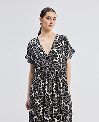 Reistor Women's Deep V-neck Maxi Dress with Front Gathers Black Florals
