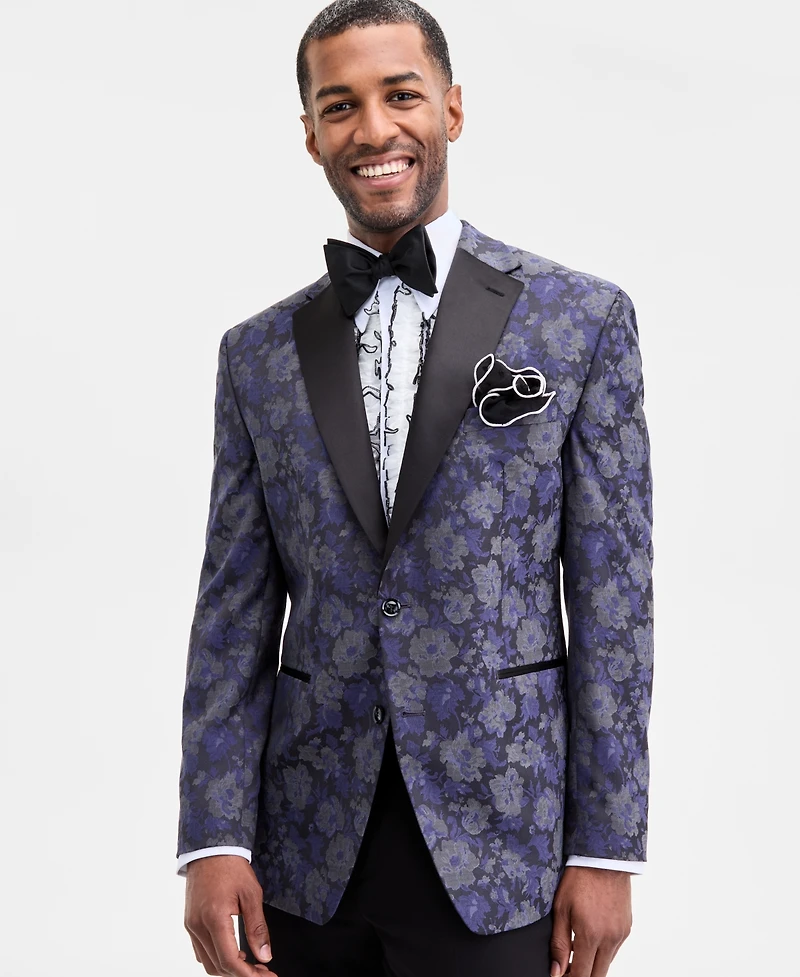 Tayion Collection Men's Classic-Fit Gray & Purple Floral Jacquard Dinner Jacket