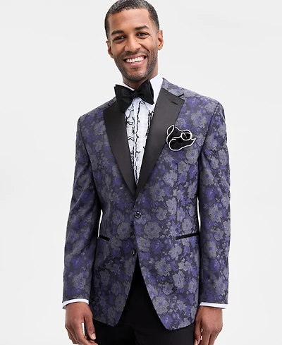Tayion Collection Men's Classic-Fit Gray & Purple Floral Jacquard Dinner Jacket