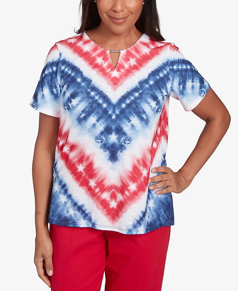 Alfred Dunner Petite Land of The Free Tie Dye American Chevron Short Sleeve Top