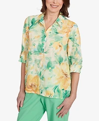 Alfred Dunner Petite Rise & Shine Watercolor Floral Tie Sleeve Button Down Top