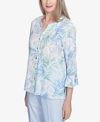 Alfred Dunner Petite St. Thomas Tropical Embroidered Button Front Top