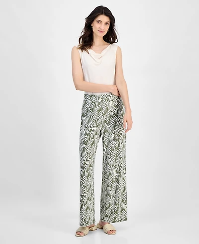 Kasper Women's Leaf-Print Pull-On Wide Ankle Pants