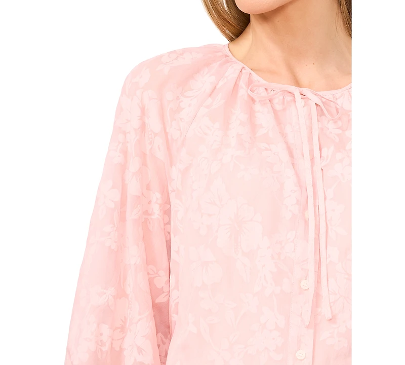CeCe Women's Floral-Lace Button-Front Puff-Sleeve Blouse