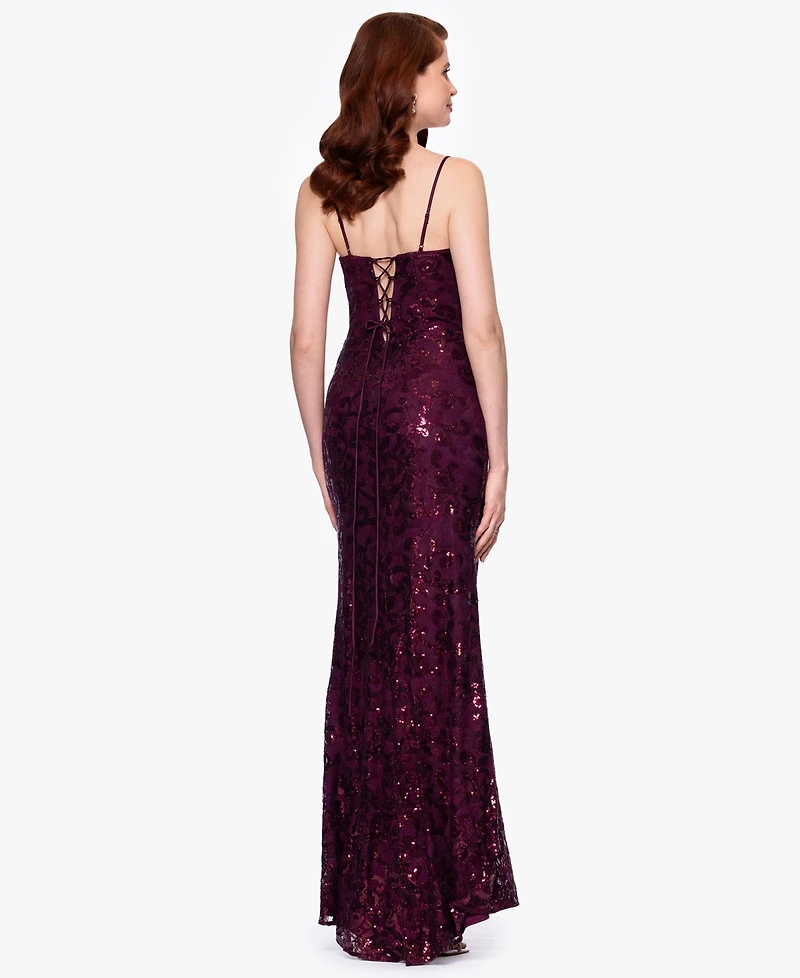 Blondie Nites Juniors' Sequined Lace Corset Gown