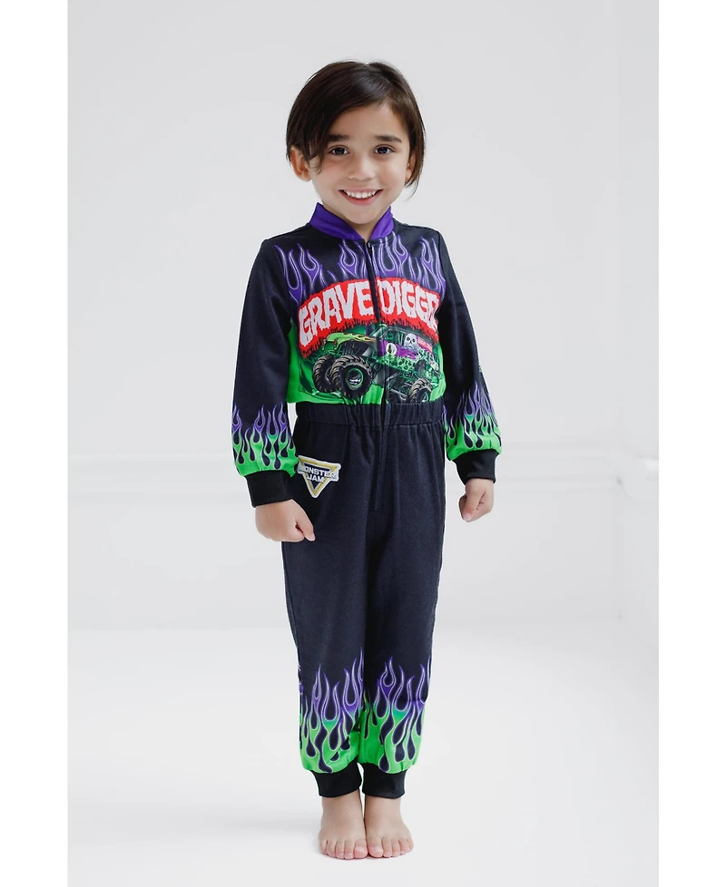 Monster Jam Toddler Boys Grave Digger French Terry Racing Zip Up Coverall to