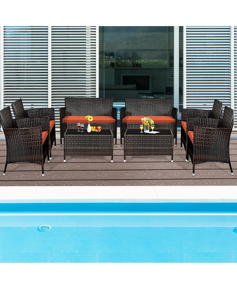Gymax Set of 8 Outdoor Patio Rattan Conversation Furniture Set w/ Cushion Table