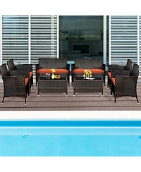Gymax Set of 8 Outdoor Patio Rattan Conversation Furniture Set w/ Cushion Table