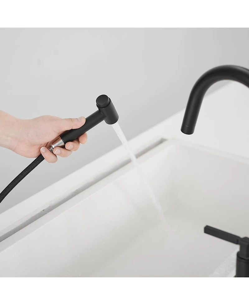 Modern Double Handle 4-Holes Deck Mount Bridge Kitchen Faucet with Side Sprayer Sink Faucet 360 Swivel Spout in Black