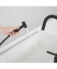Modern Double Handle 4-Holes Deck Mount Bridge Kitchen Faucet with Side Sprayer Sink Faucet 360 Swivel Spout in Black
