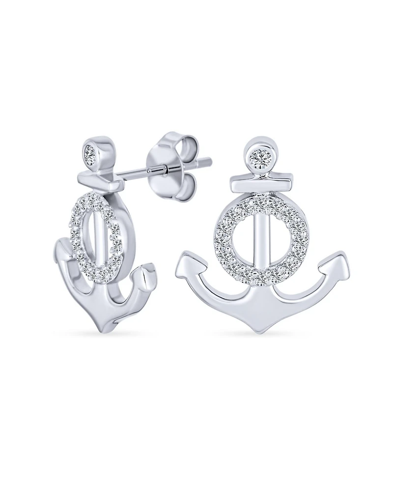 Bling Jewelry Whimsical Nautical Cz Stud Earrings, Boat Anchor Design, Sterling Silver