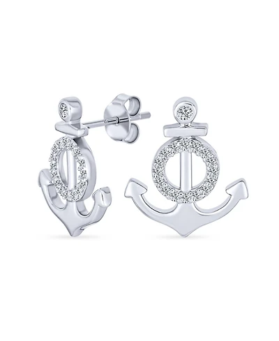 Bling Jewelry Whimsical Nautical Cz Stud Earrings, Boat Anchor Design, Sterling Silver