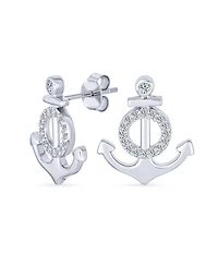 Bling Jewelry Whimsical Nautical Cz Stud Earrings, Boat Anchor Design, Sterling Silver
