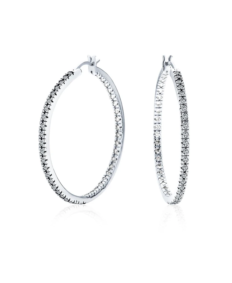 Bling Jewelry Pink White Black Cubic Zirconia Pave Cz Thin Inside Out Large Big Hoop Earrings Silver Rose Gold Plated 1.75 Inch Diameter