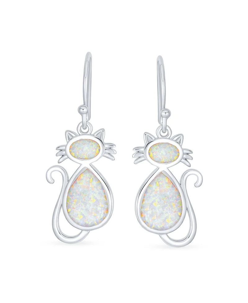 Bling Jewelry Cute Sweet Animal Pet Sitting Kitten Kitty Kat White Created Opal Curious Cat Dangle Earrings .925 Sterling Silver