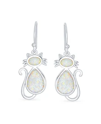 Bling Jewelry Cute Sweet Animal Pet Sitting Kitten Kitty Kat White Created Opal Curious Cat Dangle Earrings .925 Sterling Silver