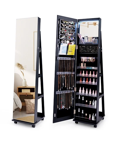 64 Inches Lockable Jewelry Cabinet Armoire with Built-in Makeup Mirror