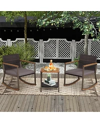 3 Pieces Rattan Rocking Bistro Set with Table and Cushions