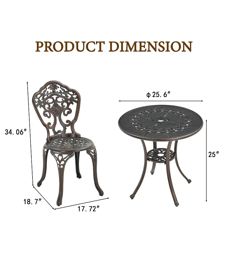 Bistro Table and Chairs Set of 3 Outdoor Bistro Set 3 Piece Cast Aluminum Patio Dining Set Round Patio Table with Umbrella Hole, Bronze