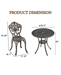 Bistro Table and Chairs Set of 3 Outdoor Bistro Set 3 Piece Cast Aluminum Patio Dining Set Round Patio Table with Umbrella Hole, Bronze