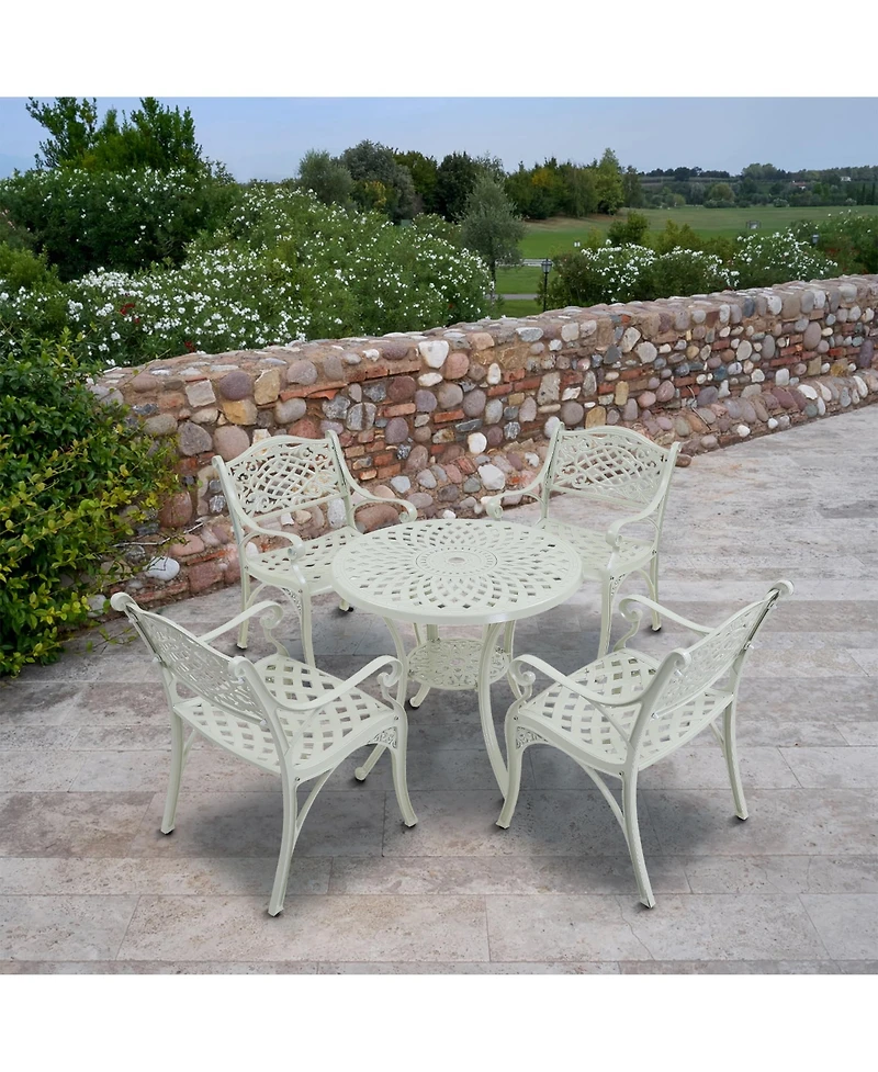 5-Piece Cast Aluminum Outdoor Dining Set Patio Table with Umbrella Hole Patio Dining Chairs in Bronze