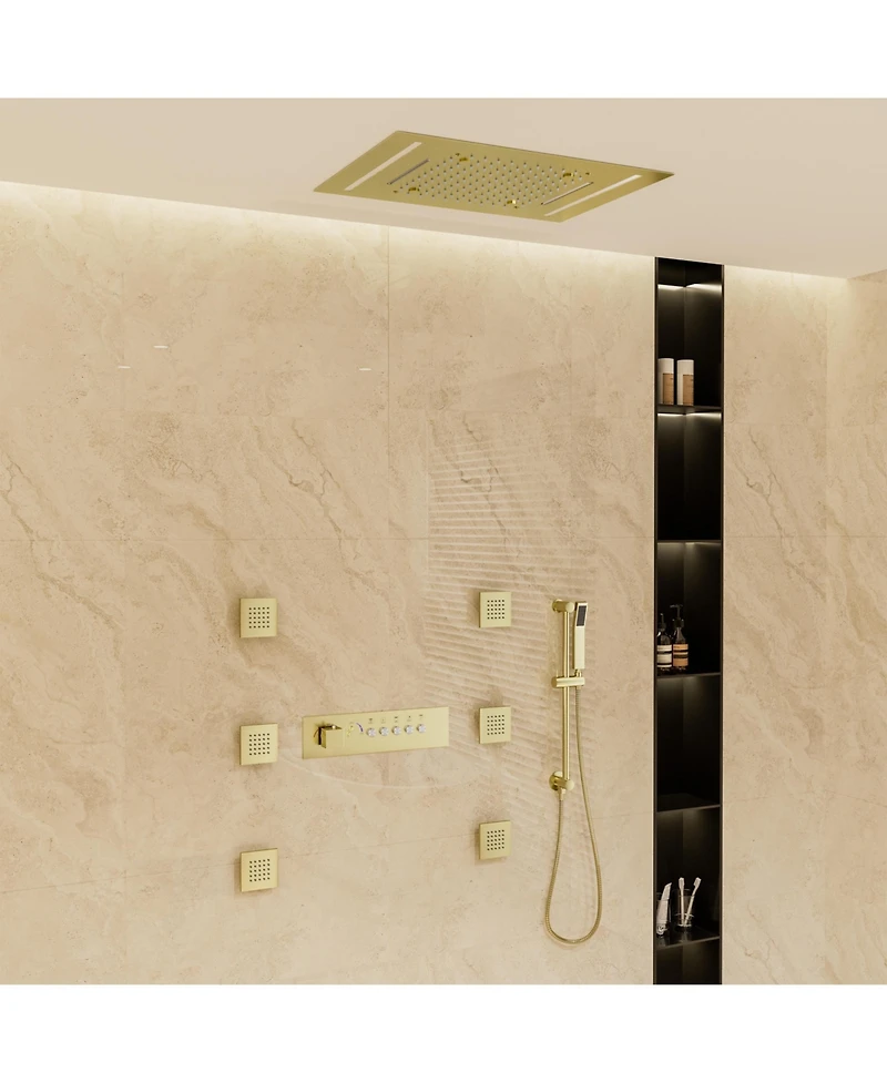 Mondawe Thermostatic Flush Ceiling Mounted Complete Shower System with Led Lights, Body Jets and Slide Bar