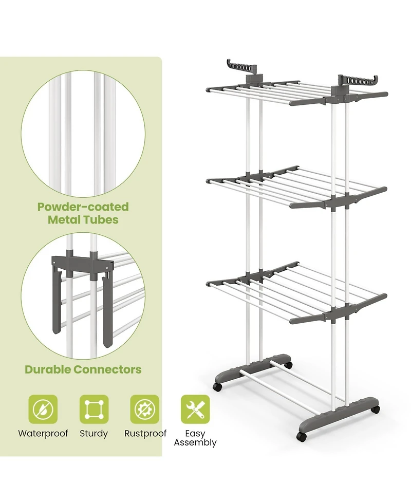 Foldable Clothes Drying Rack, Oversized 4-Tier Collapsible Laundry Rack w/ 3 Retractable Trays, Hanger Holders