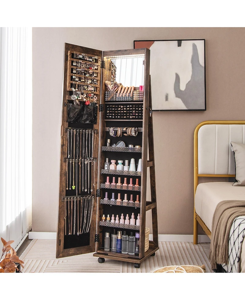 64 Inches Lockable Jewelry Cabinet Armoire with Built-in Makeup Mirror