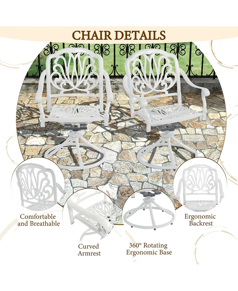 5-Piece Cast Aluminum Outdoor Dining Set Patio Table with Umbrella Hole Outdoor Swivel Rockers Patio Dining Chairs in White