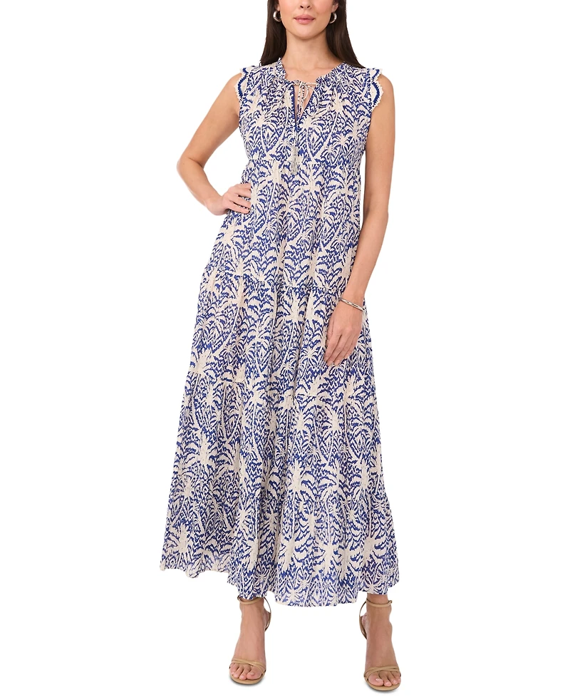 Vince Camuto Women's Printed Sleeveless-Crocheted-Trim Maxi Dress