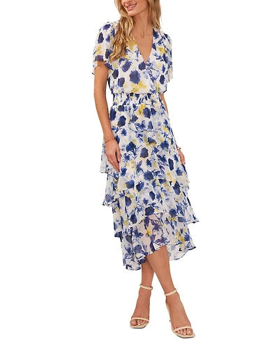 Vince Camuto Women's Smocked Waist V-Neck Tiered Midi Dress