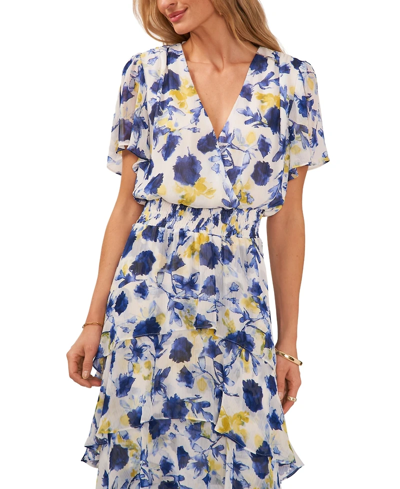 Vince Camuto Women's Smocked Waist V-Neck Tiered Midi Dress